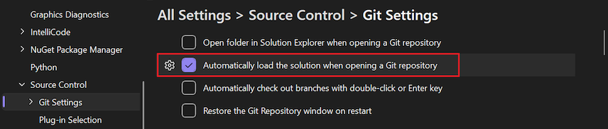 [オプション] ウィンドウの [Git リポジトリを開くときにソリューションを自動的に読み込む] オプションのスクリーンショット。