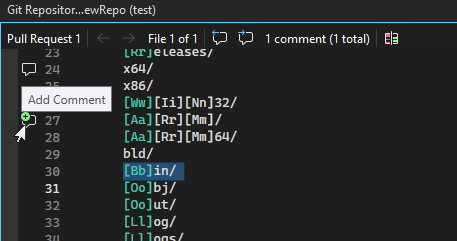 pull request でファイルの変更を確認するときに [コメントの追加] アイコンを示すスクリーンショット。