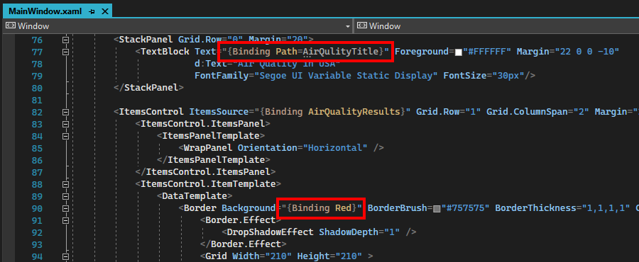 XAML エディターのバインド例のスクリーンショット。