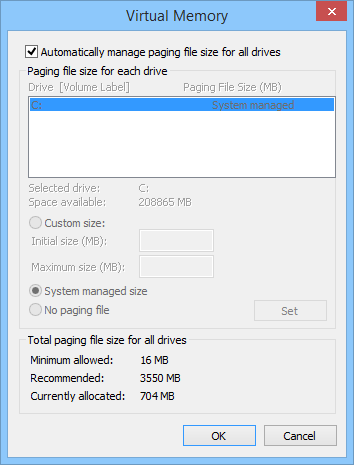 Windows 設定の [仮想メモリ] ダイアログ ボックスのスクリーンショット。