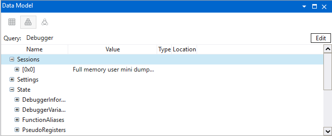 WinDbg のデータ モデル ウィンドウのスクリーンショット。展開可能な機能とブロウズ可能な機能があります。