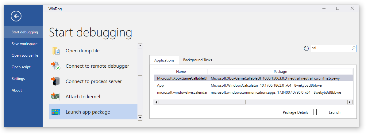 検索ボックスに cal が表示され、3 つのアプリが表示されている WinDbg の [アプリ パッケージの起動] オプションと [アプリケーション] タブのスクリーンショット。