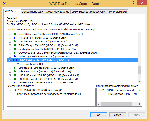 WDF 検証ツール アプリケーションの [WDF ドライバー] タブのスクリーンショット。