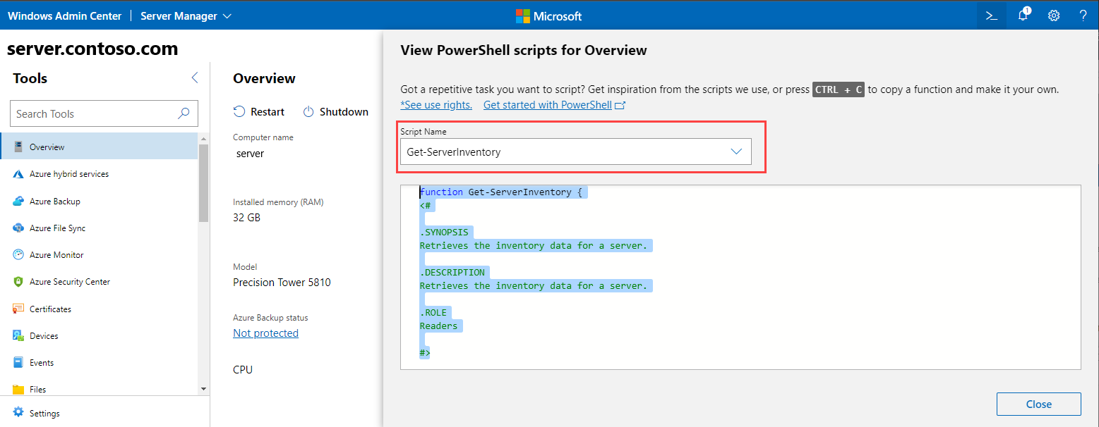 概要の PowerShell スクリプトを表示するためのページのスクリーンショット。