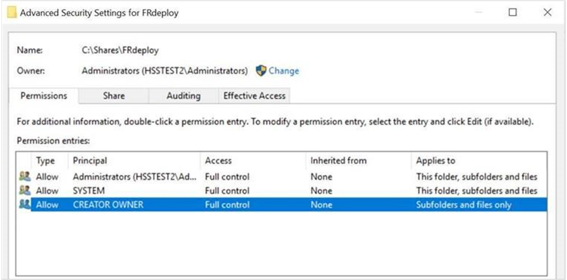 併置されたサーバー構成のアクセス許可の構成を示す [高度なアクセス許可] ページのスクリーンショット。
