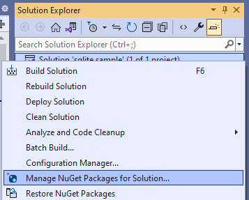 プロジェクトが右クリックされ、[NuGet パッケージの管理] オプションが強調表示されているVisual Studioのソリューション エクスプローラーのスクリーンショット。