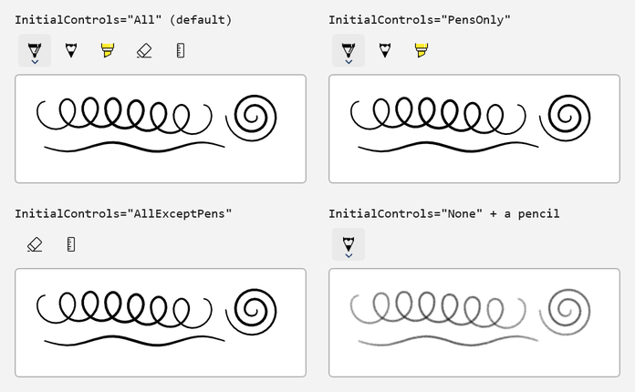 サンプル ストロークを含むキャンバスの上にある 4 つのインク ツール バー。InitialControls All (既定値) というラベルの付いたツール バーには、ボールペン、鉛筆、蛍光ペン、消しゴム、ルーラー ボタンが表示されます。PensOnly には、3 つのペン ボタンが表示されます。AllExceptPens には、消しゴムボタンとルーラー ボタンが表示されます。None と鉛筆は鉛筆ボタンのみを表示し、キャンバスには灰色の鉛筆のストロークが表示されます。