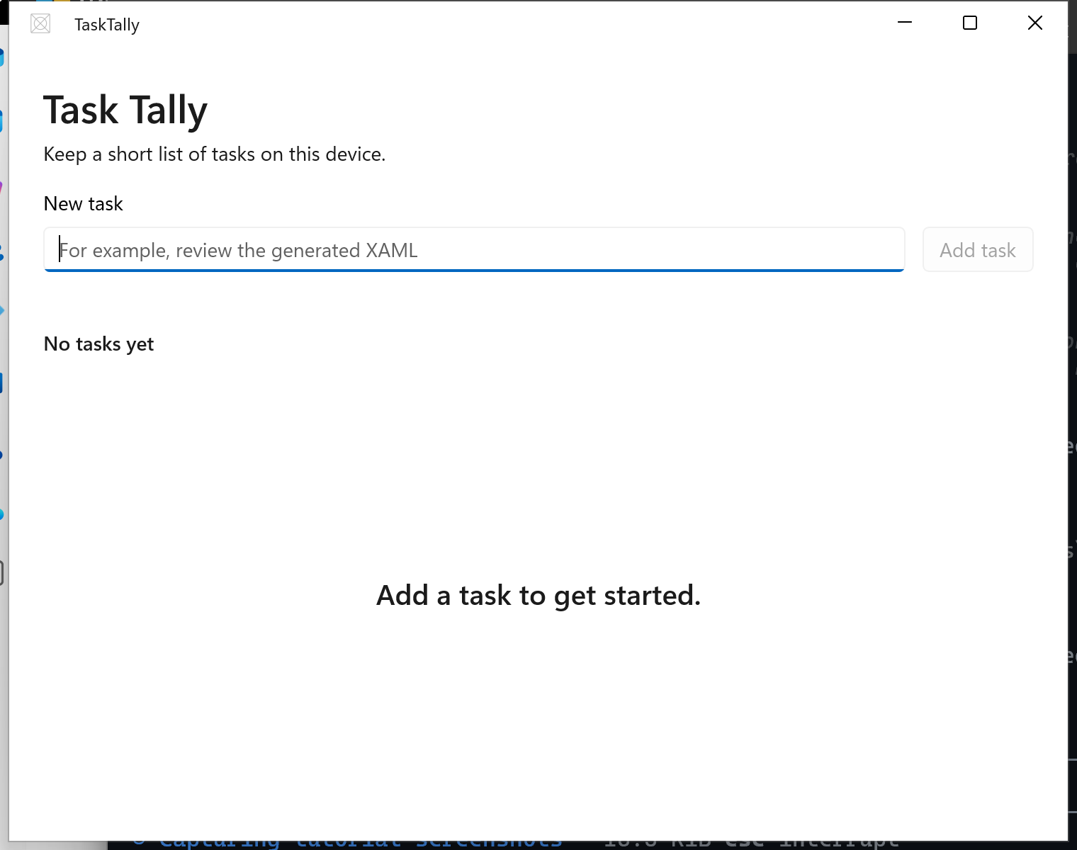新しいタスク用のテキスト ボックス、無効な [タスクの追加] ボタン、および最初のタスクを追加するための案内を含む、空の状態の Task Tally。