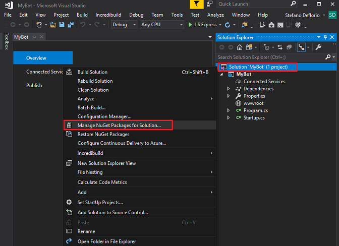 [MyBot] と [ソリューションの NuGet パッケージの管理] が強調表示されている開いているソリューションを示すスクリーンショット。