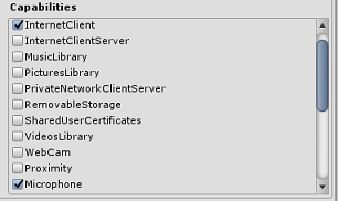[発行設定] タブで [InternetClient] と [マイク] が有効になっていることを示すスクリーンショット。