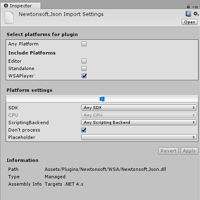 WSA フォルダー内の Newtonsoft プラグインの正しい選択を示すスクリーンショット。