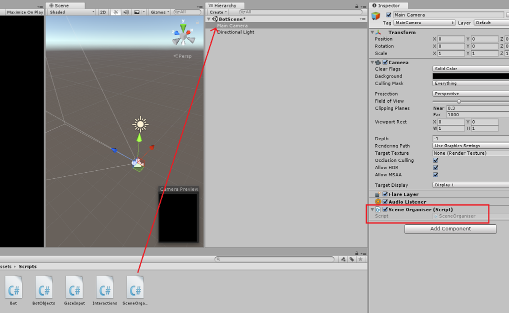 Unity エディターの Main Camera オブジェクトに追加されているシーン オーガナイザー スクリプトを示すスクリーンショット。
