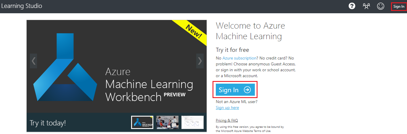 強調表示された [サインイン] ボタンを示す Machine Learning Studio ウィンドウのスクリーンショット。