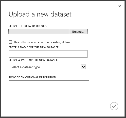 [新しいデータセットのアップロード] ダイアログのスクリーンショット。これは、ユーザーがアップロードするデータを検索して選択するための [参照] ボタンを示しています。