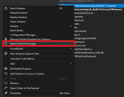 Visual Studio ウィンドウのスクリーンショット。強調表示されている [Nu パッケージの取得] メニュー項目が示されています。