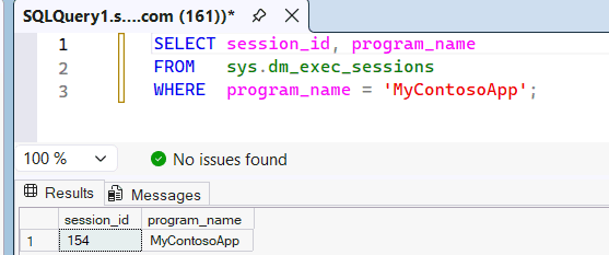 Skjermbilde fra SQL Server Management Studio som viser resultatene av spørringen på sys.dm_exec_sessions og økten identifisert med programnavnet MyContosoApp.