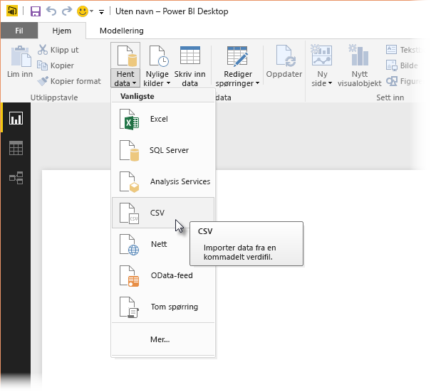 Skjermbilde av Get Data-båndet i Power BI Desktop, som viser CSV-valget.