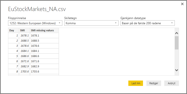 Skjermbilde av CSV-fildialogen, som viser valgt CSV.