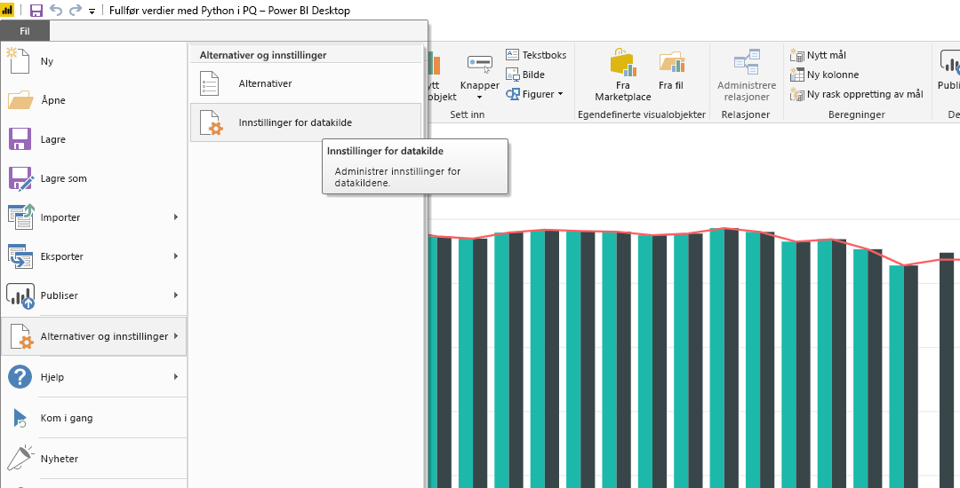 Skjermbilde av filmenyen i Power BI Desktop, som viser innstillingene for datakilden.
