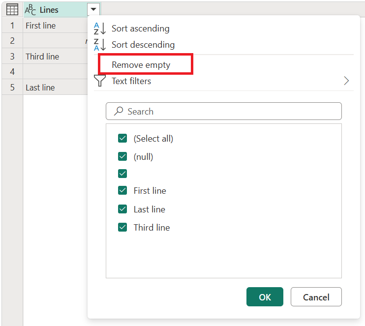 Skjermbilde av kolonnen Linjer med alternativet Fjern tom fremhevet.