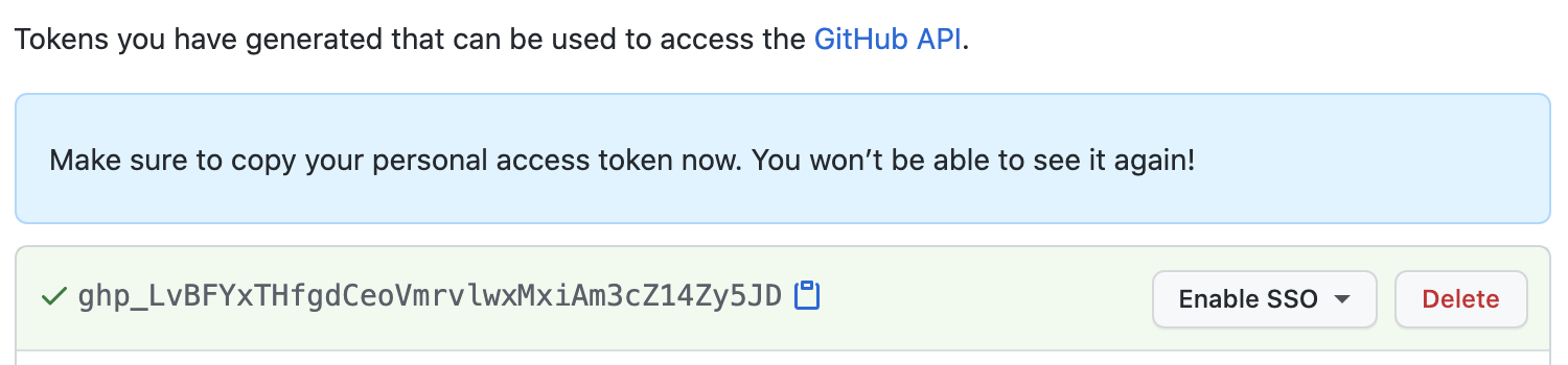 Skjermbilde med et eksempel på et gitHub-token for personlig tilgang.