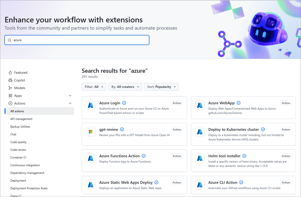 Skjermbilde av GitHub Marketplace som viser søkeresultater for Azure.