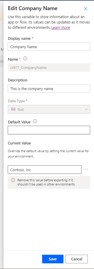 Screenshot of the New environment variable name and default values.