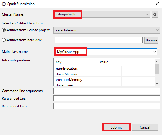 Dialoogvenster Apache Spark-verzending.