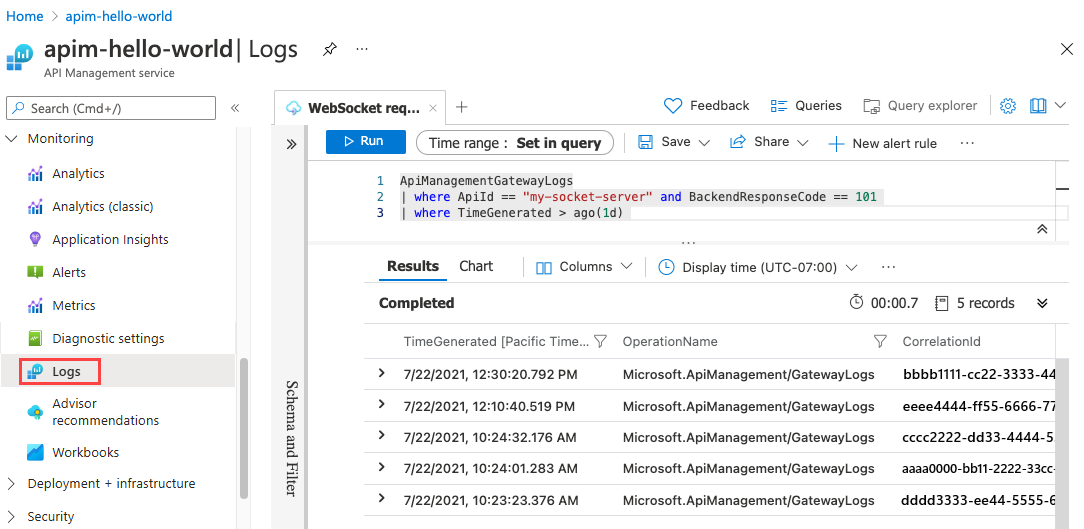 Schermopname van querylogboeken voor WebSocket-API-aanvragen.