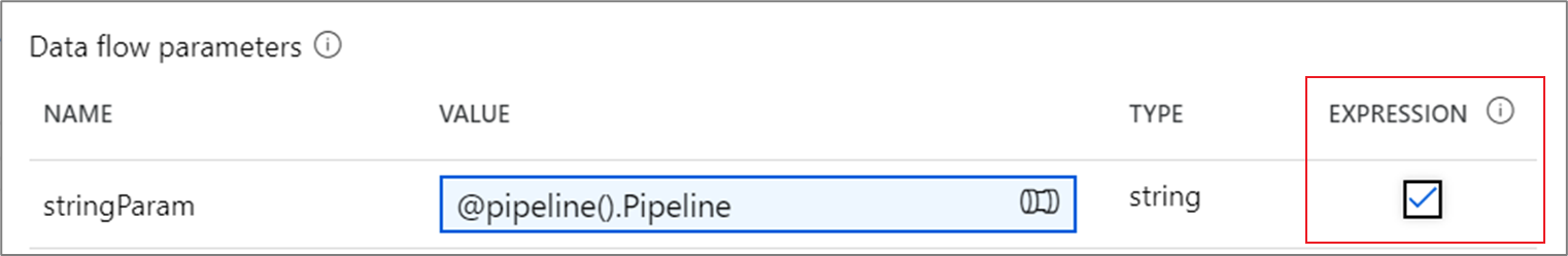 Schermopname toont dat in het deelvenster Parameters van de gegevensstroom een expressie is geselecteerd voor een parameter.