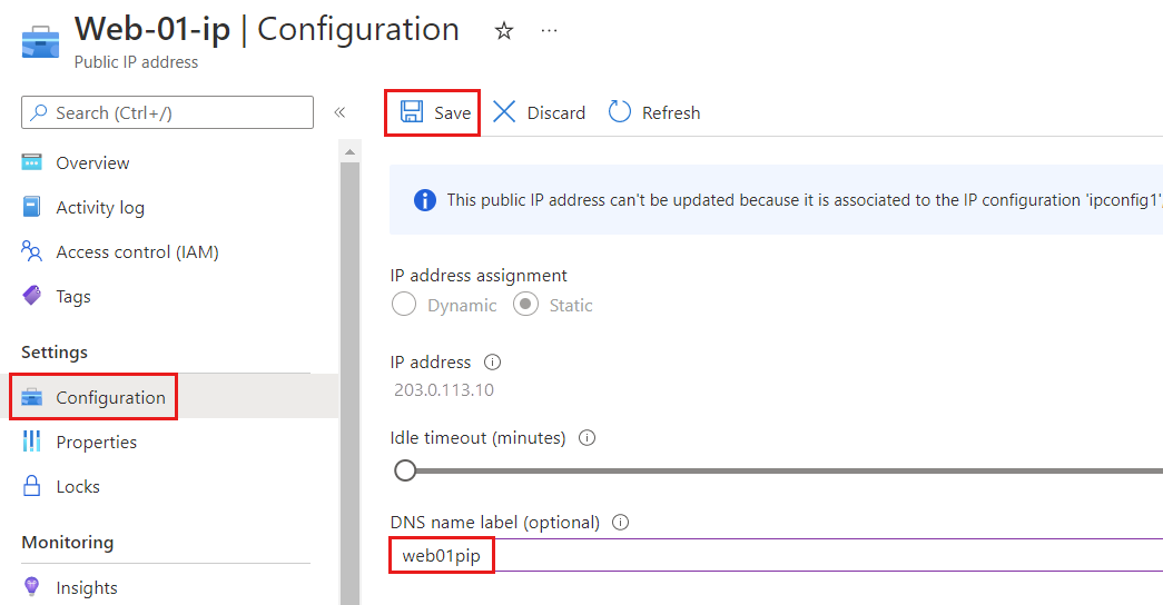 Schermopname van de pagina Configuratie van Azure openbaar IP-adres met D N S-naamlabel.