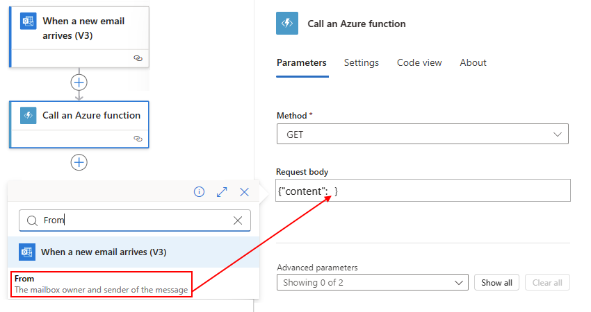 Schermopname die een standaardwerkstroom en een actievenster voor het aanroepen van een Azure-functie toont met een voorbeeld van een aanvraagbody voor de payload van het contextobject.