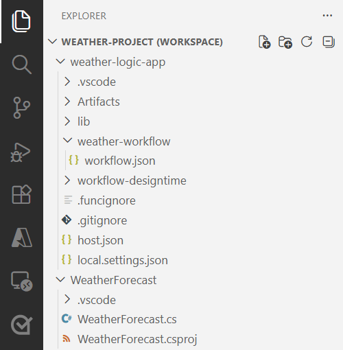 Schermafbeelding toont de gemaakte werkruimte met het logische app-project en .NET-functieproject.