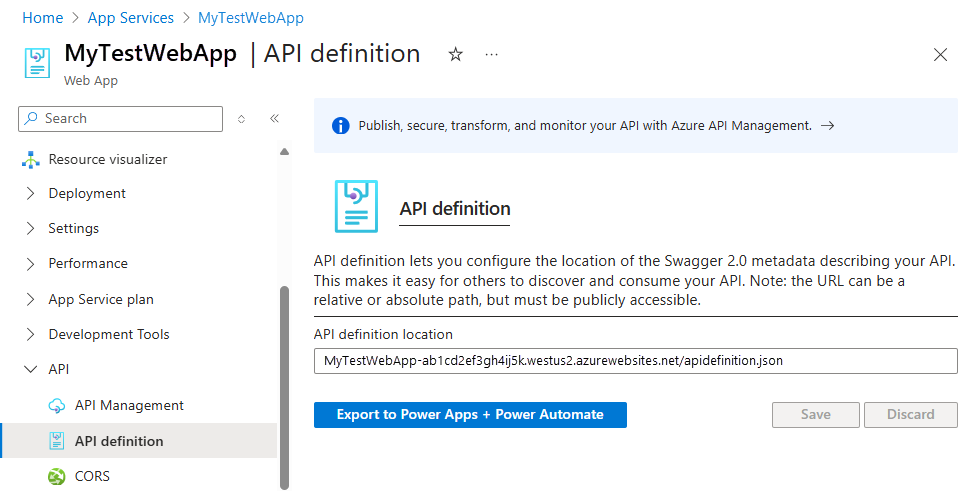 Schermopname van de azure-portal, de API-definitiepagina van de web-app en de URL voor het Swagger-document van uw API.