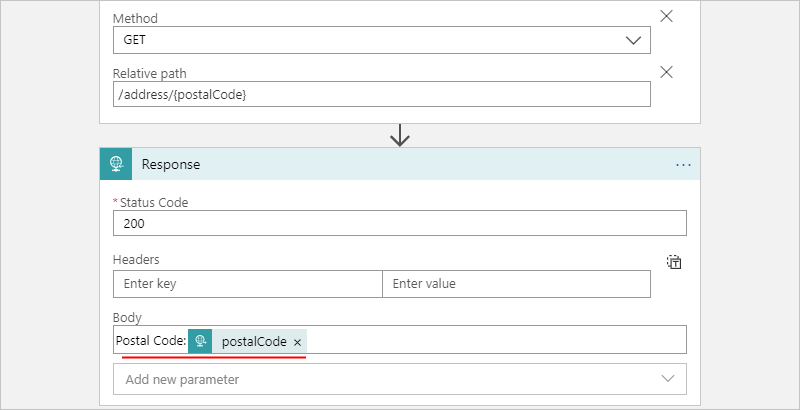 Schermafbeelding toont verbruiksworkflow en voorbeeld van een antwoordbody met parameter.