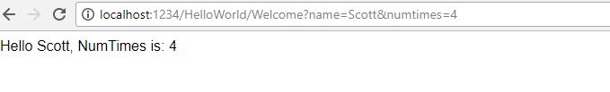 Schermopname van een browservenster met de lokale hostkomma 1 2 3 4 slash Hello World slash Welkomstvraagtekennaam is gelijk aan Scott en aantal keren is gelijk aan 4. De tekst in het venster is Hello Scott Num Times is 4.
