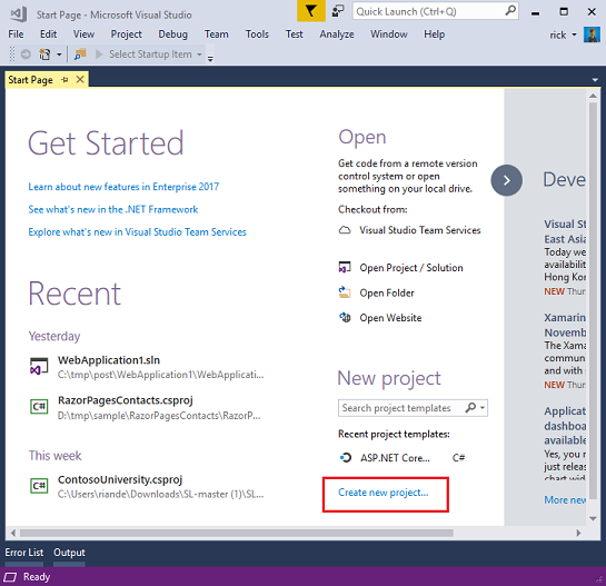 Schermopname van de startpagina van Visual Studio. Nieuw project maken wordt rood omcirkeld.