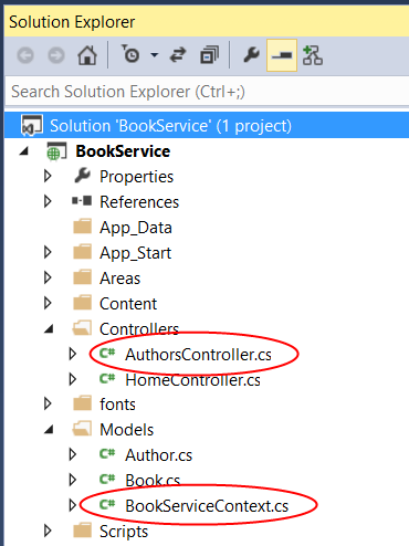 Schermopname van het Solution Explorer-venster met het bestand Auteurscontroller dot c s en het bestand Book Service Context dot c s in rood omcirkeld.