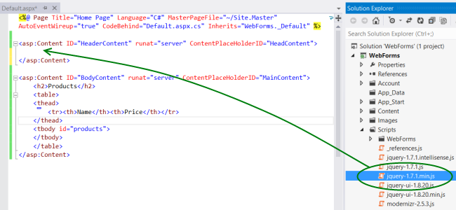 Schermopnamen van de vensters solution Explorer en code-editor, met behulp van een groene pijl om weer te geven waar het script in de code moet worden neergeslagen.