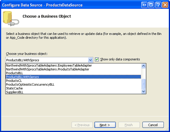 De ObjectDataSource configureren voor het gebruik van de klasse ProductsBLLWithSprocs