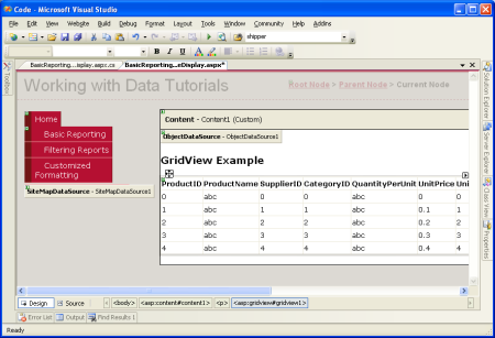 Er is een GridView toegevoegd aan de pagina en gebonden aan de ObjectDataSource