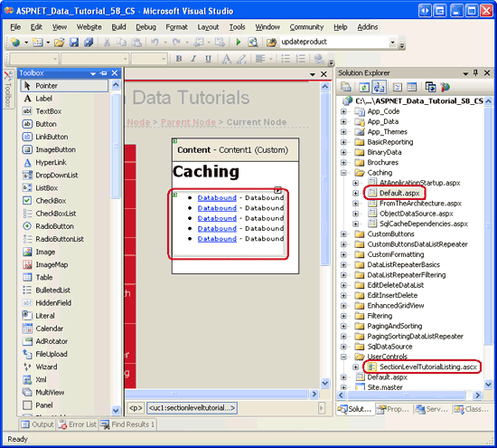 Afbeelding 2: Het gebruikersbeheer SectionLevelTutorialListing.ascx toevoegen aan Default.aspx