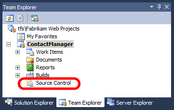 Vouw in Visual Studio 2010 in het venster Teamverkenner het teamproject uit en dubbelklik vervolgens op Broncodebeheer.