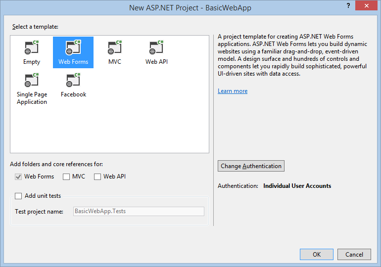Dialoogvenster nieuwe ASP.NET-project