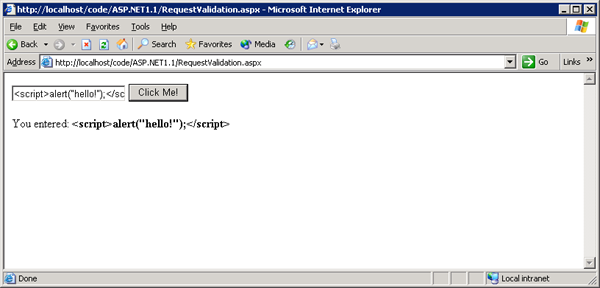 Schermopname van een knop 'Klik op mij!' en een geslaagd JavaScript-invoerbericht in het tekstvak.