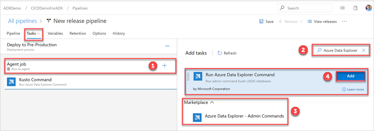 Schermopname die laat zien hoe u een Azure Data Explorer-beheeropdracht toevoegt.