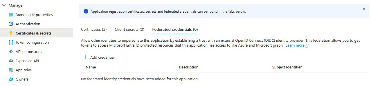 Schermopname van het tabblad Federatieve referenties van de Microsoft Entra-app.