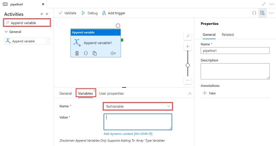 Toont de gebruikersinterface voor een Variabele Toevoegen-activiteit.