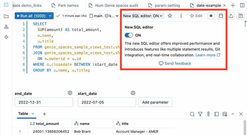 Schermopname van de SQL-editor met de nieuwe queryeditor uitgeschakeld