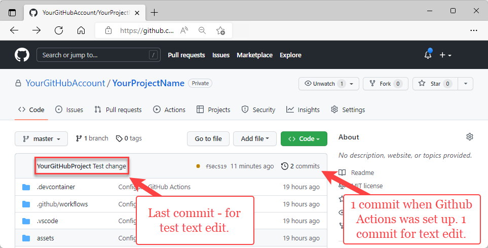 Schermopname van de doorgevoerde wijziging in GitHub.